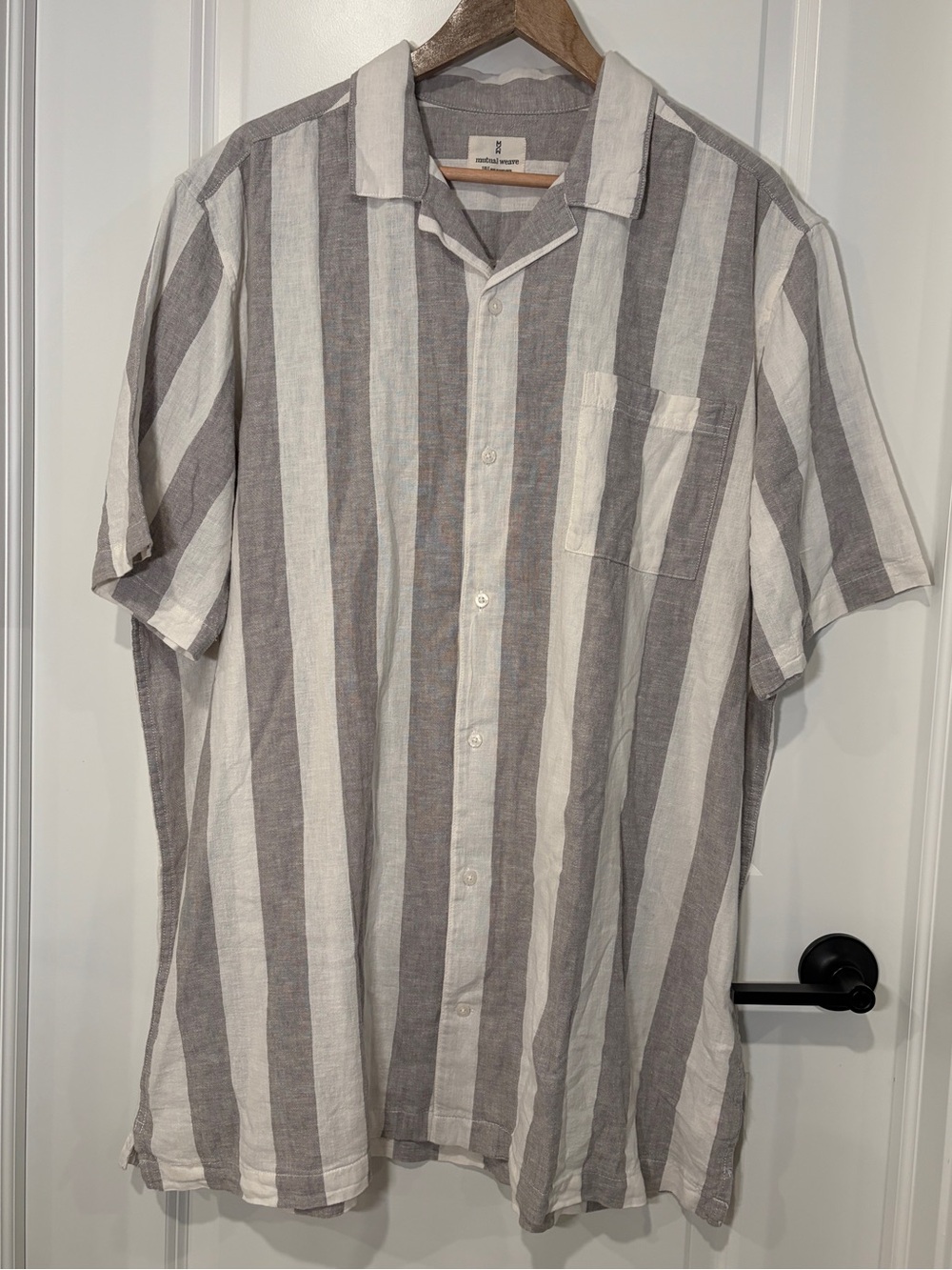 Mutual Weave Gray White Striped Linen Blend Camp Shirt Short Sleeve Men's XXL